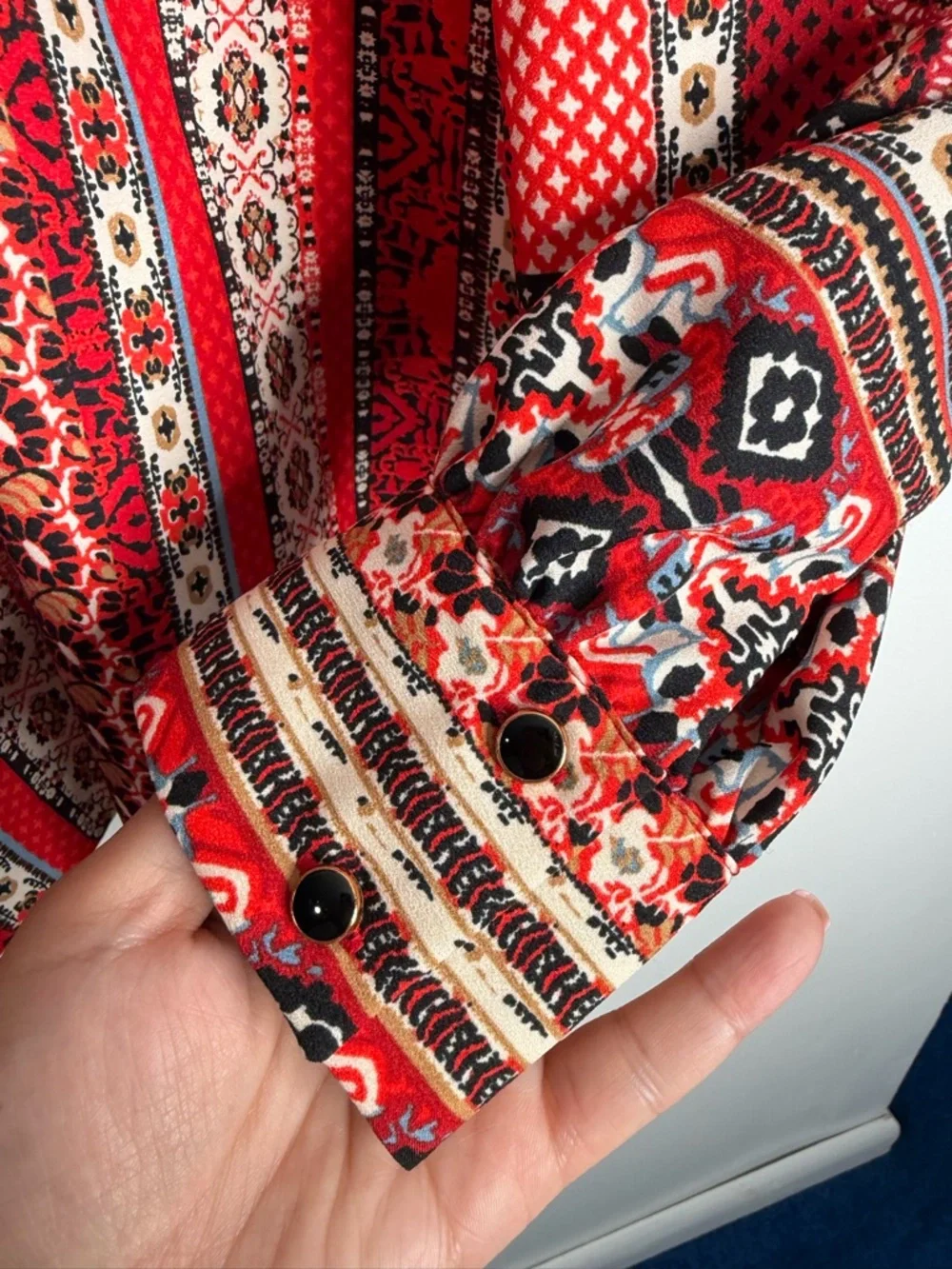 LOFT Red Multi-Pattern Long Sleeve Mock Neck Blouse